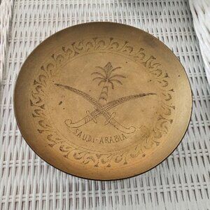 Vintage Round Brass Plate Etched Saudia Arabia Travel Memorabilia Hook on Back
